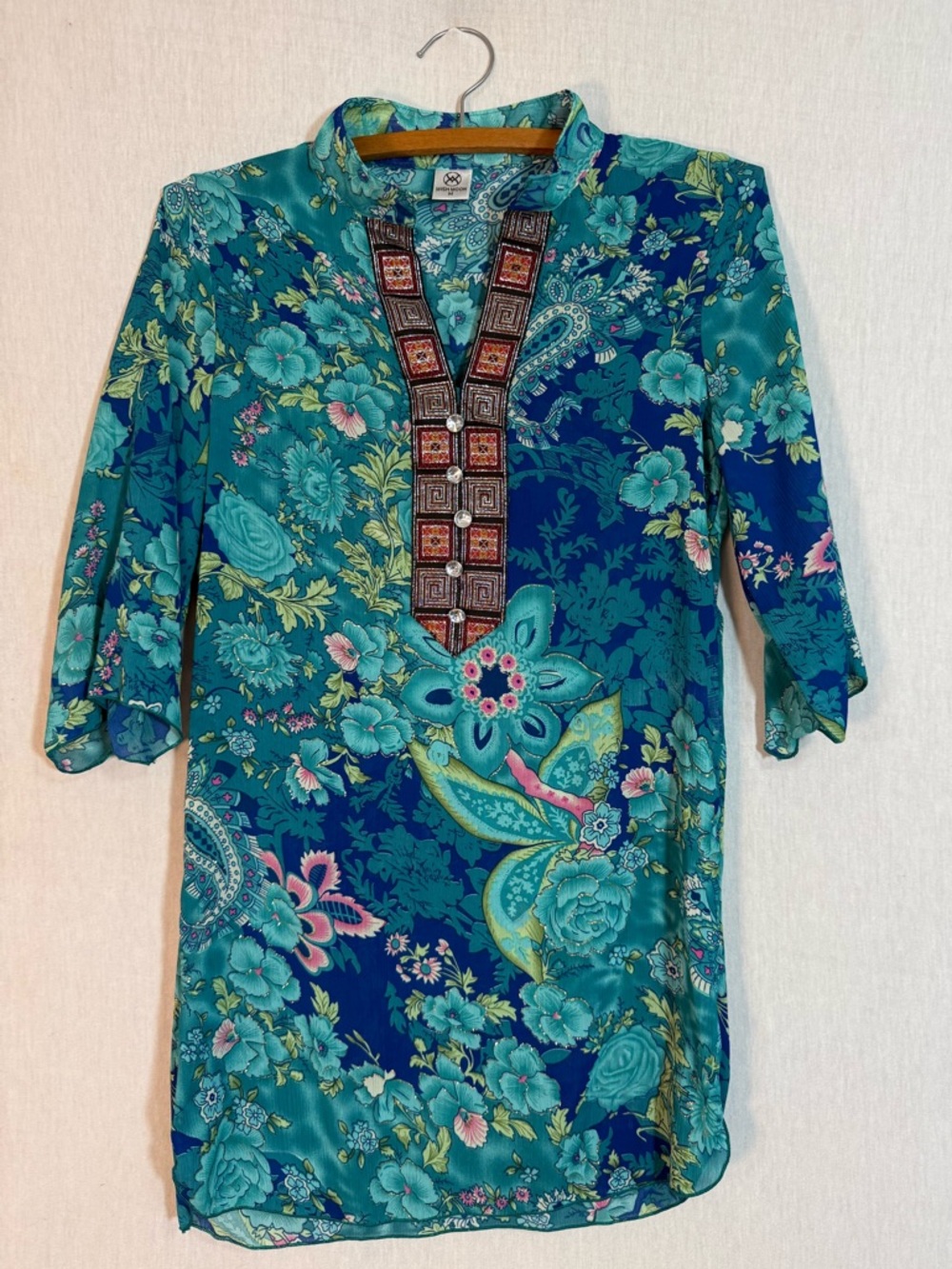 Moon Moon M: Vibrant Teal & Blue Floral Tunic with Embellished neck